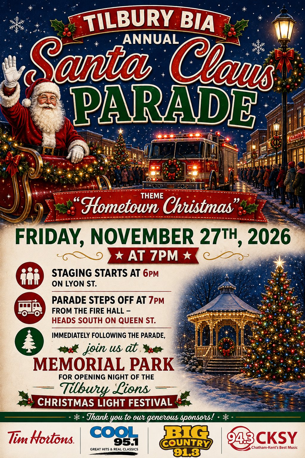 Tilbury BIA Annual Santa Claus Parade flyer - Hometown Christmas, Friday November 27 2026 at 7 PM